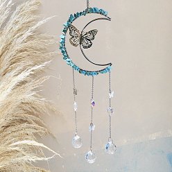Synthetic Turquoise Synthetic Turquoise Chip Wrapped Moon with Butterfly Hanging Ornaments, Glass Teardrop Tassel Suncatchers for Home Outdoor Decoration, 400mm