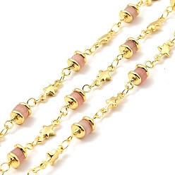 Real 18K Gold Plated Synthetic Cherry Quartz Glass Column & Star Link Chain, with Brass Findings, Soldered, with Spool, Lead Free & Cadmium Free, Real 18K Gold Plated, 13.5x5mm, 10x4x1.5mm