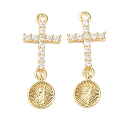 Настоящее золото 18K Латунные микропаве прозрачные подвески с фианитом, стойки покрытие, долговечный, без свинца и без кадмия, крест и плоский круг со святым, реальный 18 k позолоченный, 29x11x3 мм, отверстие : 1.8 мм