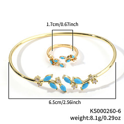 Темно-Голубой Модные комплекты из латунных браслетов и колец с кубическим цирконием в форме листьев для повседневной носки, золотые, глубокое синее небо