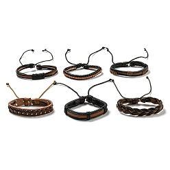 Saddle Brown 5Pcs 5 Style Adjustable Braided Imitation Leather Cord Bracelet Set with Waxed Cord for Men, Saddle Brown, Inner Diameter: 2-1/8~3-3/8 inch(5.5~8.5cm), 1Pc/style