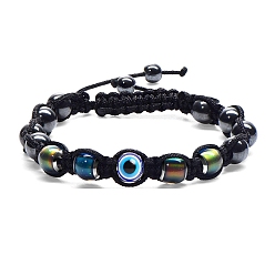 Black Temperature Sensing Color Changing Necklace, Synthetic Magnetic Hematite Round Braided Bead Bracelet with Evil Eye for Women, Black