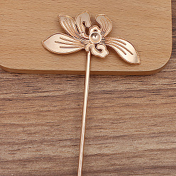 Light Gold Alloy Hair Stick Findings, Rhinestones Settings, with Iron Pins, Flower, Light Gold, 1mm