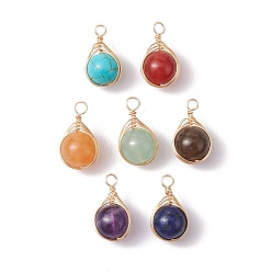 Golden Natural & Synthetic Mixed Gemstone Copper Wire Wrapped Pendants, Round Charms, Golden, 15~16x9x8.5mm, Hole: 2mm