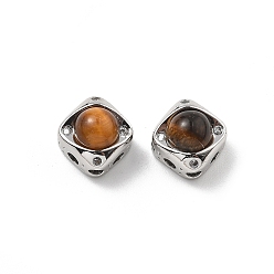 Платина Латунные многорядные звенья с ромбом и натуральным тигровым глазом, с четким кубического циркония, платина, 9x9x7.5 мм, отверстие : 1.8 мм