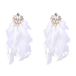 white Exaggerated Alloy Inlaid Rhinestone Flower Long Feather Tassel Earrings for Women Bohemian Artistic Chic Ear Jewelry