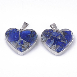 Lapis Lazuli Natural Lapis Lazuli Pendants, with Glass and 304 Stainless Steel Findings, Heart, Stainless Steel Color, 19x21x6mm, Hole: 3x5.5mm