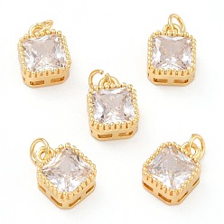 Clear Real 18K Gold Plated Brass Inlaid Cubic Zirconia Charms, with Jump Ring, Long-Lasting Plated, Square, Clear, 9.5x7x4mm, Jump Ring: 4x0.5mm, 2.5mm Inner Diameter