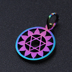 Anahata Chakra Theme Ion Plating(IP) 201 Stainless Steel Charms, Laser Cut Pendants, with Jump Rings, Flat Round, Rainbow Color, Anahata, 13.5x11.5x1mm, Hole: 3mm