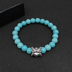 Fox Bracelets extensibles turquoise synthétique pour femmes et hommes, avec des perles en alliage d'animaux de style tibétain, fox, pas de taille