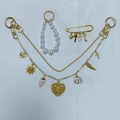 Золотой Наборы декоративных цепочек для сумок, включая 1 подвеску в виде сердца из сплава поликарбоната и натуральной ракушки, алюминиевую цепочку, декоративные цепочки, 1 брошь из поликарбоната, 1 подвеску с имитацией жемчуга из поликарбоната, золотые, 365 мм