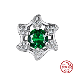 Real Platinum Plated Rhodium Plated 925 Sterling Silver Beads, with Green Cubic Zirconia, Flower, Real Platinum Plated, 11x10x6mm, Hole: 1.2mm