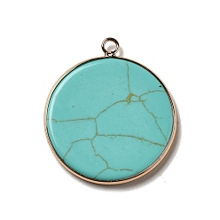 Synthetic Turquoise Synthetic Turquoise Dyed Pendants, Flat Round Charms, with Golden Plated Brass Frame, 35x31x3~3.5mm, Hole: 2.5mm