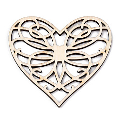 Antique White Unfinished Natural Poplar Wood Filigree Joiners Links, Laser Cut Wood Shapes, Heart, Antique White, 74x80x2.5mm