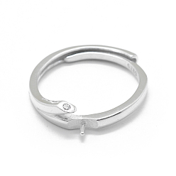 Platinum Adjustable Rhodium Plated 925 Sterling Silver Finger Ring Components, For Half Drilled Beads, with Cubic Zirconia, Clear, Platinum, Size 6, 16mm, Pin: 0.85mm