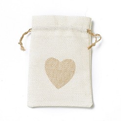 Antique White Burlap Packing Pouches, Drawstring Bags, Rectangle with Heart, Antique White, 14.2~14.5x10cm