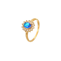 Blue Cubic Zirconia Oval Finger Ring, Golden Stainless Steel Finger Ring, Blue, US Size 8(18.1mm)