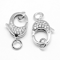 Real Platinum Plated Brass Micro Pave Grade AAA Cubic Zirconia Lobster Claw Clasps, Lead Free & Nickel Free & Cadmium Free, Real Platinum Plated, 17x12x5mm, Hole: 3mm