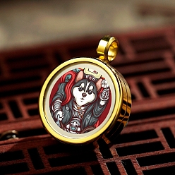Dog Titanium Steel Locket Pendants, Flat Round with Chinese Zodiac, Golden, Dog, 20mm, Inner Diameter: 15mm
