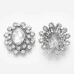 Clear Antique Silver Plated Alloy Cabochons, with Resin Rhinestone and Crystal Glass Rhinestone, Faceted, Oval, Clear, 27.5x24.5x7mm