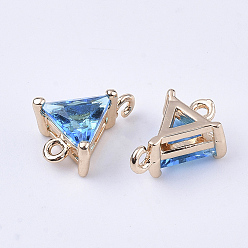 Dodger Blue Transparent Glass Links connectors, with Brass Findings, Faceted, Triangle, Light Gold, Dodger Blue, 11x8x5mm, Hole: 1mm