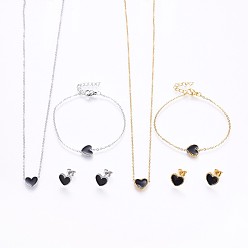 Mixed Color 304 Stainless Steel Jewelry Sets, Pendant Necklaces & Stud Earrings & Bracelets, with Enamel, Heart, Mixed Color, 16.93 inch(43cm), 7-1/8 inch(18cm), 9x10x2mm, Pin: 0.8mm