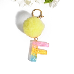 Letter F Resin Keychains, Pom Pom Ball Keychain, with KC Gold Tone Plated Iron Findings, Letter.F, 11.2x1.2~5.7cm