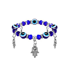 Blue Evil Eye Plastic Beaded Stretch Bracelet for Ramadan & Eid Mubarak, with Alloy Hamsa Hand Charms, Blue, Inner Diameter: 2-1/8 inch(5.5cm)