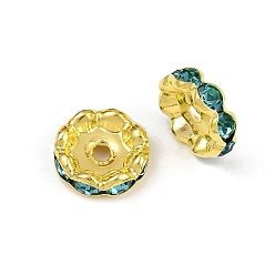 Аквамарин Латунные бусины разделители для поставки стразов, класс А, волнистый край, золото , рондель, аквамарин, 12x4 мм, отверстие : 2.5 мм