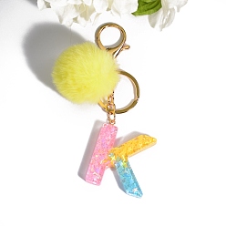 Letter K Resin Keychains, Pom Pom Ball Keychain, with KC Gold Tone Plated Iron Findings, Letter.K, 11.2x1.2~5.7cm