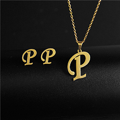 Letter P Golden Stainless Steel Initial Letter Jewelry Set, Stud Earrings & Pendant Necklaces, Letter P, No Size