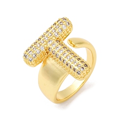 Letter T Кольца-манжеты для пальцев с покрытием из латуни с микропаве из прозрачного кубического циркония для женщин, долговечный, реальный 18 k позолоченный, Письмо ~ Z, Письмо T, 18.5x12.5 мм, внутренний диаметр: 17.5 мм