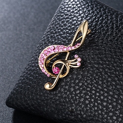 Fuchsia Rhinestone Music Note Brooch Pin, Light Gold Alloy Badge for Backpack Clothes , Fuchsia, 47x26mm