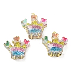 Colorful Transparent Resin Glitter Powder Pendants, Rack Plating Brass Crown Charms, Real 18K Gold Plateds, Long-Lasting Plated, Cadmium Free & Lead Free, Colorful, 22x23x9mm, Hole: 2.5x4mm