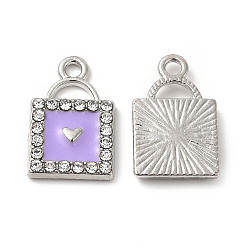 Lila Colgantes de la aleación del esmalte, con diamantes de imitación de cristal, candado con dijes de corazón, Platino, lila, 18x11.5x2.5 mm, agujero: 1.8 mm