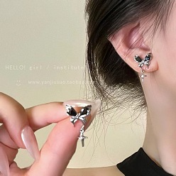 Platinum Butterfly Alloy Rhinestone Studs Earrings, with Rhodium Plated 925 Sterling Silver Pins, Platinum, 50x50mm