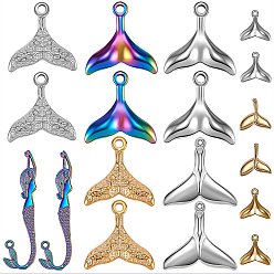 Mixed Color 18Pcs 9 Style Eco-Friendly Brass and 304 Stainless Steel Charms, Tibetan Style Alloy Pendants, Fishtail and Mermaid, Mixed Color, 9.7~81.5x9~29.5x1.5~3mm, Hole: 1.5~3mm