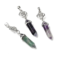 Fluorite Natural Fluorite Pendant, with Platinum Tone Brass Findings, Cadmium Free & Lead Free, Flower, 65~68mm, Hole: 4.6x8mm