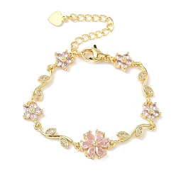 Pink Браслеты-цепочки с цветами и листьями из латуни с микропаве из кубических цирконий для женщин, стойки покрытие, долговечный, без кадмия и без свинца, реальный 18 k позолоченный, розовые, 5-5/8 дюйм (14.2 см)