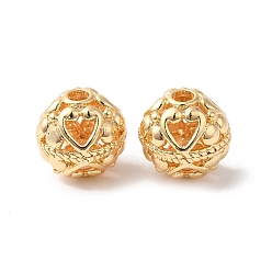 Real 18K Gold Plated Hollow Brass Beads, Round with Heart, Real 18K Gold Plated, 14x13.5mm, Hole: 3mm