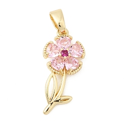 Pink Латунные микро проложить кубического циркония подвески, цветок, золотые, розовые, 24.5x11.5x3.7 мм, отверстие : 5x3 мм