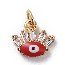 Red Cubic Zirconia Charms, with Brass Findings and Enamel, Eye, Golden, Red, 8.5x9.5x3~3.5mm, Hole: 2.5mm