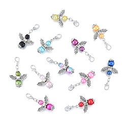 Mixed Color Alloy Angel Pendant Decoration, with CCB Imitation Pearl Beads, Lobster Clasp Charms, Clip-on Charms, for Keychain, Purse, Backpack Ornament, Stitch Marker, Mixed Color, 3.7cm, 1pc/color, 12 colors, 12pcs/bag