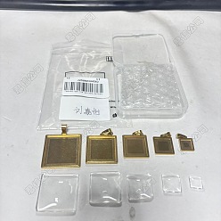 Квадрат 304 Настройки кабошон из нержавеющей стали кулон, с прозрачными квадратными кабошонами из прозрачного стекла, золотые, квадратный, 25x25x7.5 мм