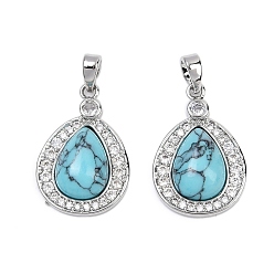 Платина Латунные микропаве прозрачные подвески с фианитом, с синтетическими бирюзовый, слеза, платина, 21.5x14.5x5.5 мм, отверстие : 3.5x2.5 мм
