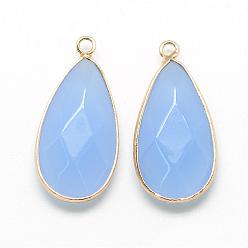 Light Sky Blue Natural White Jade Pendants, with Golden Tone Brass Findings, Faceted, teardrop, Dyed, Light Sky Blue, 32.5~33x16x6mm, Hole: 2.5mm