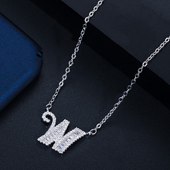 Letter W (with chain) Wife's Romantic Travel Same Style 26 English Alphabet Clavicle Chain Pendant Micro-inlaid Zircon Platinum Plated Necklace