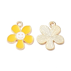 Gold Alloy Enamel Pendants, Flower with Smiling Face Charm, Cadmium Free & Nickel Free & Lead Free, Golden, Gold, 21.2~21.3x18x1.4~1.5mm, Hole: 2~2.2mm