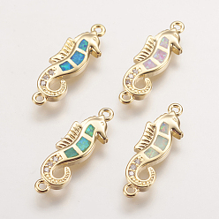 Mixed Color Brass Links connectors, with Synthetic Opal and Cubic Zirconia, Sea Horse, Golden, Mixed Color, 19.5x6x2mm, Hole: 1mm