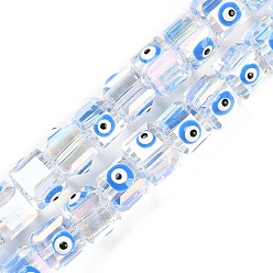 Dodger Blue Transparent Glass Beads Strands, with Enamel, AB Color Plated, Square with Evil Eye, Dodger Blue, 6~6.5x8~9x6.5~7mm, Hole: 1.6mm, about 50pcs/strand, 12.80~12.99''(32.5~33cm).